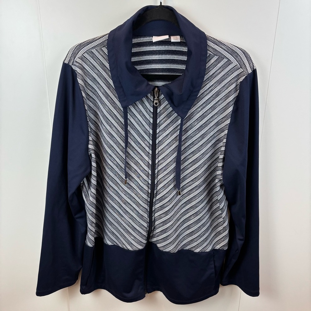 Chico's Weekends Navy Blue Striped Jacket 3/XL Full Zip Stand Up Collar Sweater